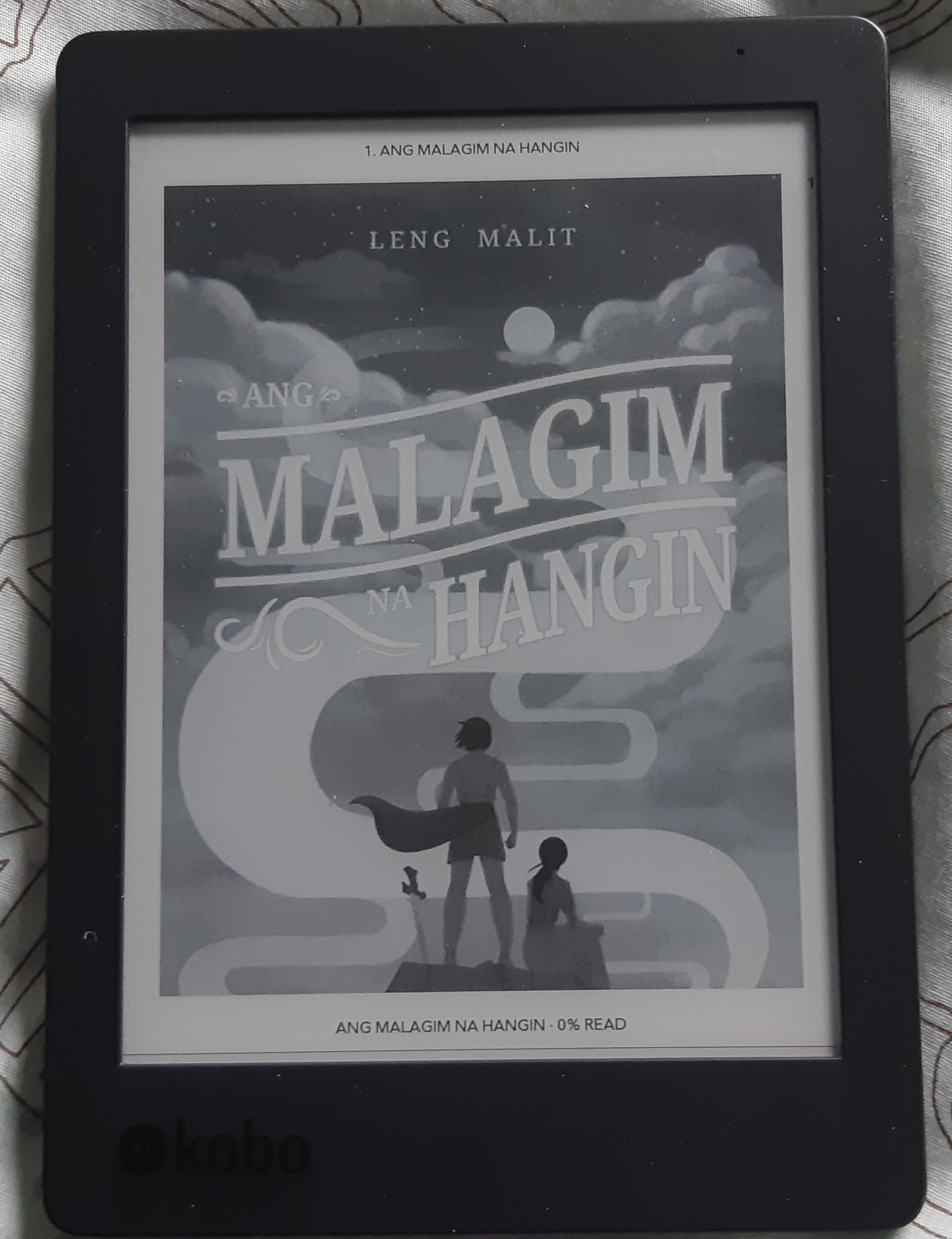 Kobo Aura 2 view of Ang Malagim na Hangin cover.