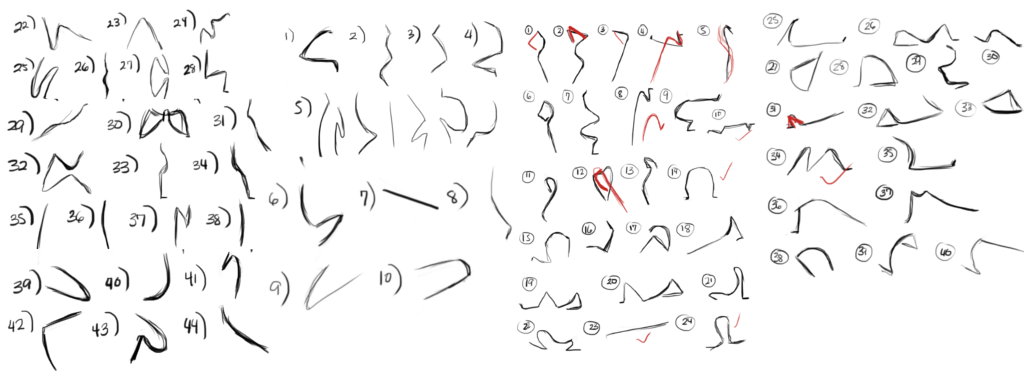 Many different sketches of lines that represent a figure's body movement