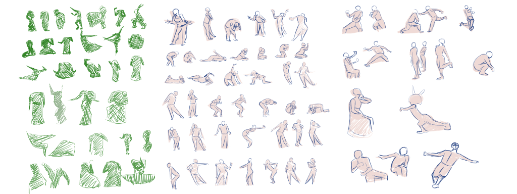 Many different sketches that represent a figure's shape