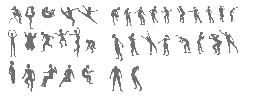 Many different sketches that represent a figure's silhouette