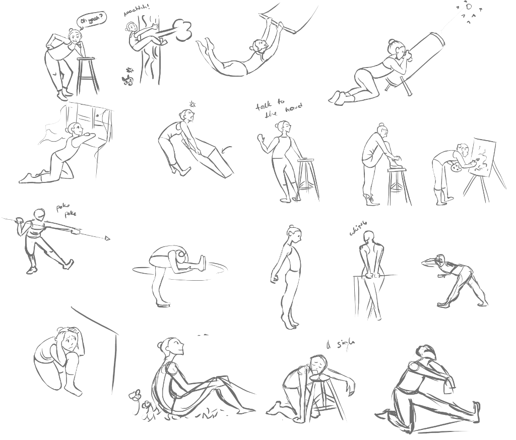 Different sketches that exaggerate a figure's actions