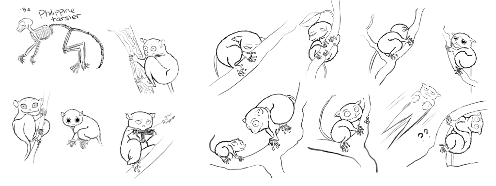Sketches of Philippine tarsiers mimicking human actions