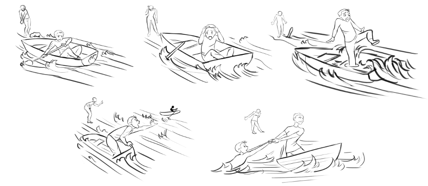 Progressive sketches of a person in a boat in an overflowing river getting help