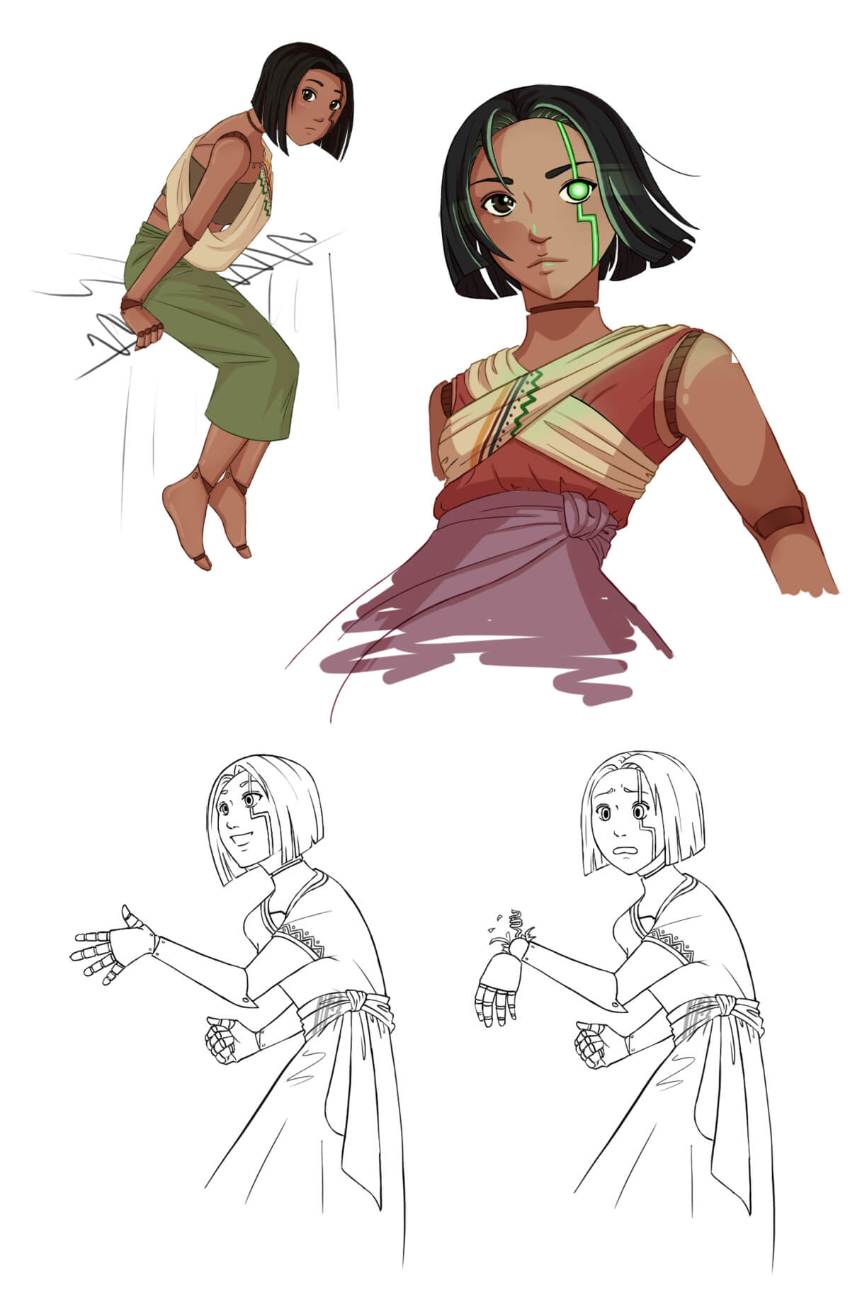 The first image is of a female automaton with brown skin and chin-length black hair, sitting. The second is an image of the same automaton with her left eye glowing. The third and fourth is a series of images showing the automaton reaching out to shake a hand, but her own hand falling off.